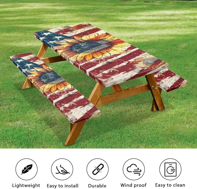 Patriotic Flag Sunflower Picnic Table and Bench Covers 3 PCS Set Camping Table Cloth for Picnic Table for Outdoor Camping