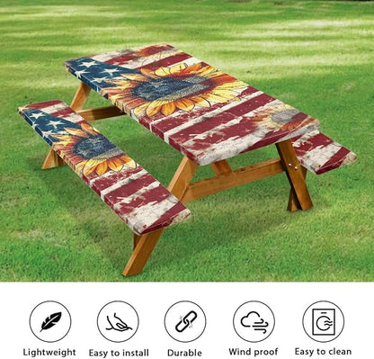 Patriotic Flag Sunflower Picnic Table and Bench Covers 3 PCS Set Camping Table Cloth for Picnic Table for Outdoor Camping