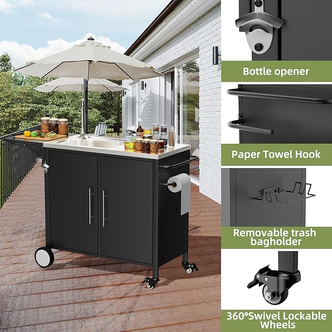 Outdoor Grill Table with Sink, Metal Worktable Kitchen Cabinet Island w/ 304 Stainless Steel Sink, Foldable Top and Storage Cabinet, Rolling Grill Cart with Wheels for Garden, Backyard and Lawn