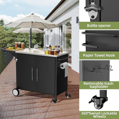 Outdoor Grill Table with Sink, Metal Worktable Kitchen Cabinet Island w/ 304 Stainless Steel Sink, Foldable Top and Storage Cabinet, Rolling Grill Cart with Wheels for Garden, Backyard and Lawn