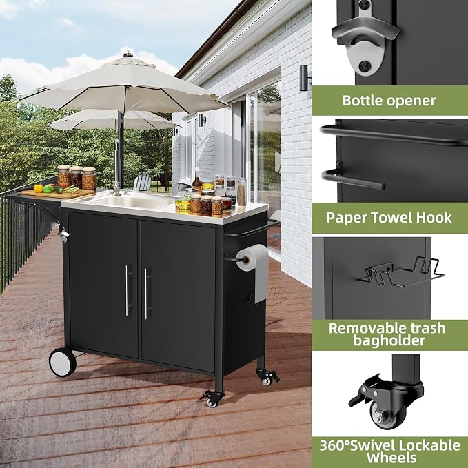 KEIKI Outdoor Grill Table with Sink & Foldable Worktop, 304 Stainless Steel BBQ Cart with Storage Cabinet & Wheels, Outdoor Kitchen Prep Station with Large Basin for Backyard, Garden, Patio