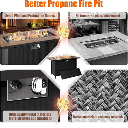45 inch Propane Fire Pit Table, 50,000 BTU Outdoor Gas Fire Pit Table with Lid, Glass Wind Guard, Waterproof Cover, Rectangle Gas Firepit Table for Garden/Patio(Walunt)