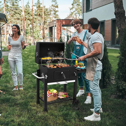 Heavy-Duty Charcoal Grill with Foldable Side Table & Wheels, 45.7 Inch BBQ Grill for Outdoor Cooking - Adjustable Charcoal Pan, Built-in Thermometer for Backyard, Picnics & Garden Parties (Bla