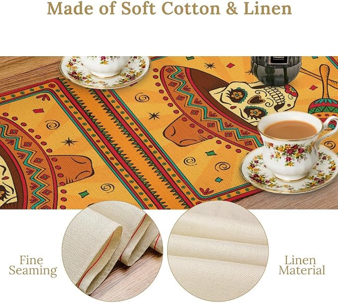 Cotton Linen Table Runner Mexican, Mexican Skull Cartoon Traditional Celebration Latino Rectangle Table Collection for Dinner Wedding Birthday Party 13x60 Inch