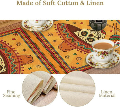 Cotton Linen Table Runner Mexican, Mexican Skull Cartoon Traditional Celebration Latino Rectangle Table Collection for Dinner Wedding Birthday Party 13x60 Inch