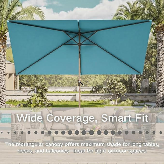6.5' x 10' Rectangular Patio Umbrella Large Outdoor Market Umbrella w/UV Protection, Push Button Tilt and Crank Lift, Rectangle Table Umbrella for Garden, Deck, Pool, Patio, Sky Blue
