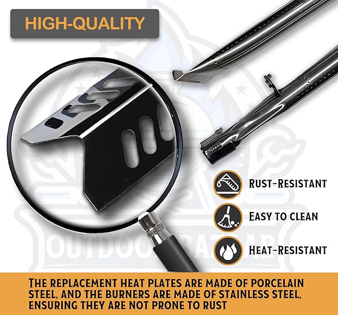 Set of Three Porcelain Steel Replacement Heat Plates and Stainless Steel Burners for Master Cook 3 Burner Grill Model