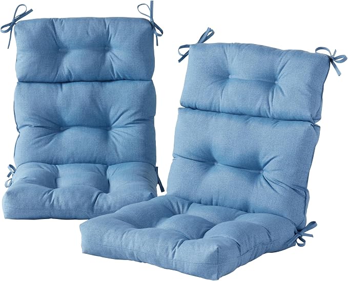 Outdoor Tufted High-Back Chair Cushions, One-Piece Hinged Seat and Back Design, Reversible with 4 Ties, Durable Polyester Fabric, Recycled Fiber Fill - Set of 2, Denim