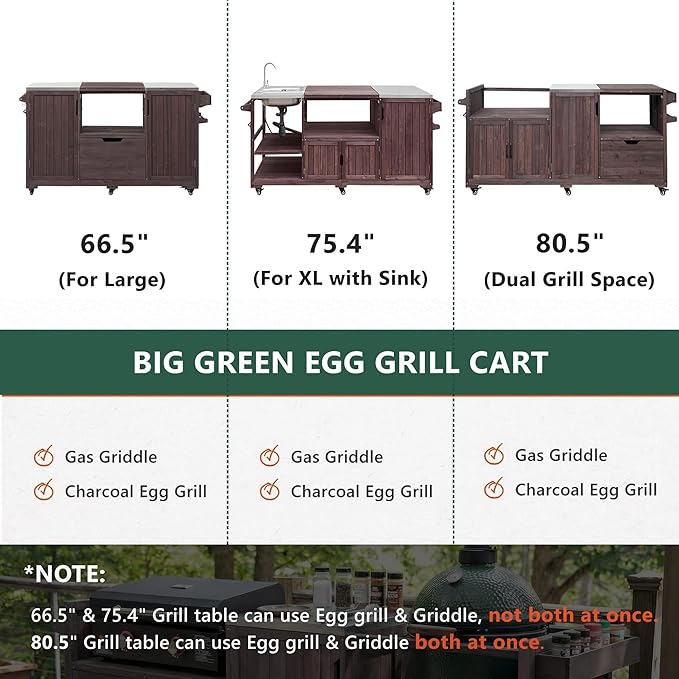 LUMISOL Outdoor Grill Cart for Big Green Egg, 80.5" Solid Wood Outdoor Kitchen Island with Stainless Steel Top and Drawer, Rolling Kitchen Cart for 21"/28" Blackstone Griddle, Dark Brown