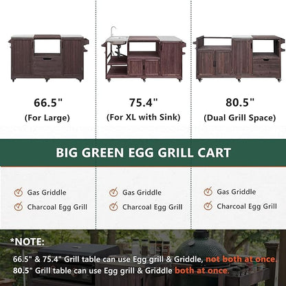LUMISOL Outdoor Grill Cart for Big Green Egg, 80.5" Solid Wood Outdoor Kitchen Island with Stainless Steel Top and Drawer, Rolling Kitchen Cart for 21"/28" Blackstone Griddle, Dark Brown