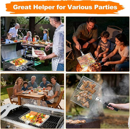 Fish Grill Basket for Outdoor Grill, Grilling Basket With Removable Handle, Portable BBQ Set Barbecue Rack for Shrimp Pork Veggies, Camping Grilling Accessories With Brush, Metal Skewers and Carry Bag