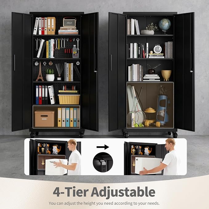 73" H Metal Cabinet with Wheels, Lockable Storage Cabinet, Black | Cabinets with 2 Doors and 4 Adjustable Shelves, Steel Garage Storage Cabinets for Workshop Home Office, 73"H x 16"D x 32"W