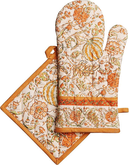 Maison d' Hermine 100% Cotton Oven Mitt & Pot Holder Set (7.5"x13" & 8"x8") | Heat Resistant BBQ Cooking Gloves with Loop Baking Grilling Kitchen Home Farmhouse Thanksgiving Christmas - Pumpkin Spice