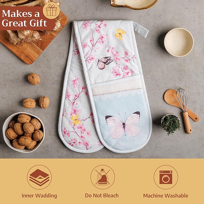 Maison d' Hermine Double Oven Mitts 100% Cotton 7"x35" Double Oven Mitt Heat Resistant BBQ Cooking Gloves with Loop Baking Grilling Kitchen Hotel Home Farmhouse Spring Summer (Blossoms in Spring)