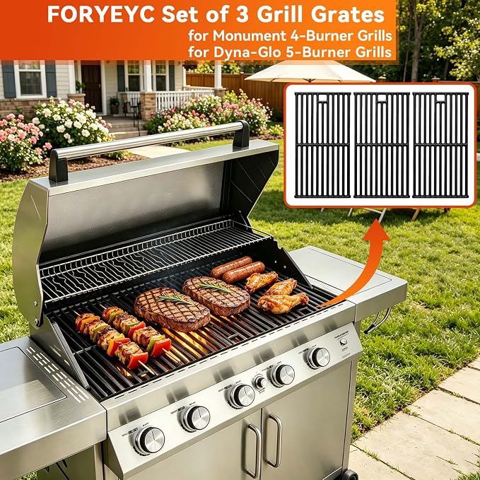 Grill Grates for Monument 24367 35633 17842, Cast Iron Grates Replacement Parts for Dyna Glo 5-Burner DGE530SSP DGE530SSP-D BGE530PSP DGF530SRP DGE530SSP-1, Cooking Grids 3 Pack