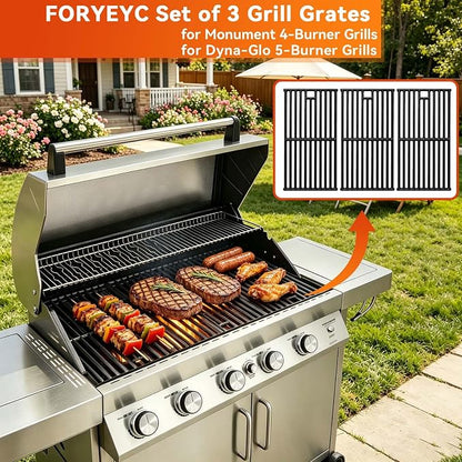 Grill Grates for Monument 24367 35633 17842, Cast Iron Grates Replacement Parts for Dyna Glo 5-Burner DGE530SSP DGE530SSP-D BGE530PSP DGF530SRP DGE530SSP-1, Cooking Grids 3 Pack