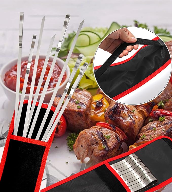 17 Inch Long Stainless Steel Skewers for Kabobs,HONSHEN Flat Shish Kabob Barbecue Skewers with Nylon Storage Bag - Metal BBQ Skewers for Grilling Meat, Chicken, Shrimp, Vegetables - 10 Pack