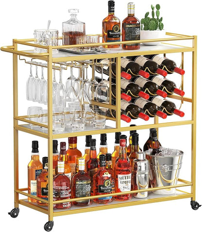 Lifewit 3 Tier Rolling Serving Bar Cart with Lockable Wheels, Gold | 12 wine rack and 3 rows glass holders, liquor serving cart for living room, 31.6 x 13.1 x 33.9 inch rolling beverage stand