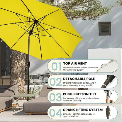 9FT Large Outdoor Patio Umbrella Pool Market Umbrella-UV Resistant, Easy Push Button Tilt and Crank, 8 Sturdy Ribs Heavy-Duty Table Umbrella for Deck, Backyard, Garden(Yellow)