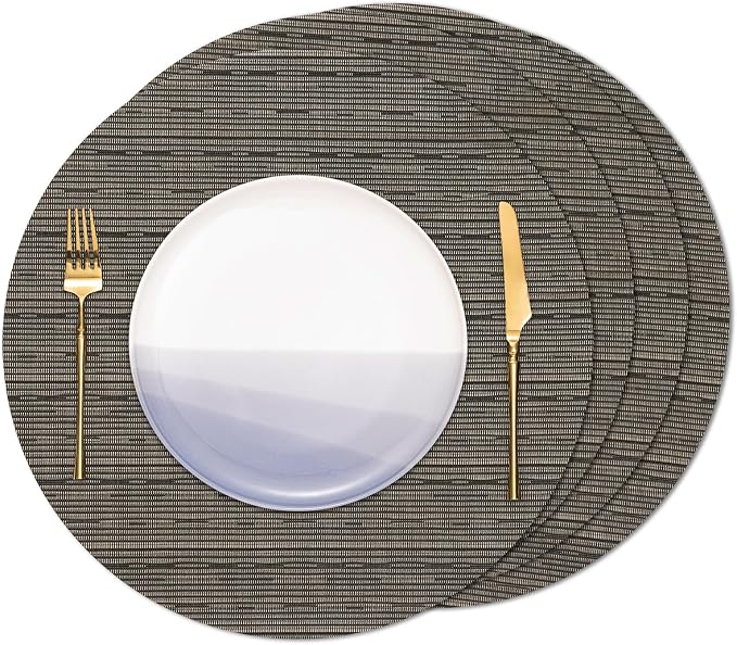 Round Placemats Set of 4 Heat Resistant Vinyl Placemats 15 inch Washable Non-Slip Table Mats Woven Place Mats for Dining Table (Black + Golden, Set of 4)