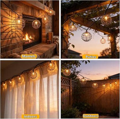 Decorative String Lights Indoor Outdoor, Patio Lantern Style String Lights with 10 Warm White Mini Bulbs, UL Listed Connectable Weatherproof Plug In Lights for Home Decoration(Iron Wire Twist Ball)