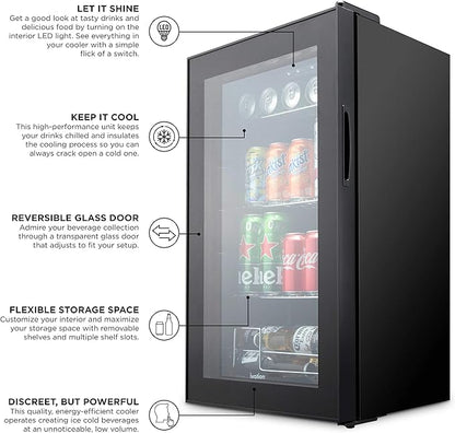 Ivation 101 Can Beverage Refrigerator , Freestanding Ultra Cool Mini Drink Fridge , Beer, Cocktails, Soda, Juice Cooler for Home and Office , Reversible Glass Door and Adjustable Shelving - Black,IVABC1010B
