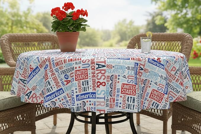 Newbridge Celebrate America Patriotic Blue Stars and Stripes 70 Inch Round Vinyl Tablecloth with Flannel Backing, Indoor Outdoor Waterproof BBQ Picnic Patriotic Party Table Cover