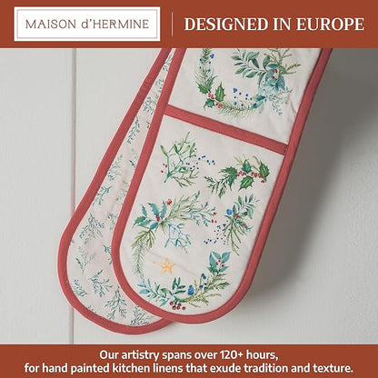 Maison d' Hermine Double Oven Mitt (7" x 35") 100% Cotton Heat Resistant BBQ Cooking Gloves with Loop for Thanksgiving Christmas Decorations Baking Cooking Barbeque Handling Hot Pan (Holly Time)
