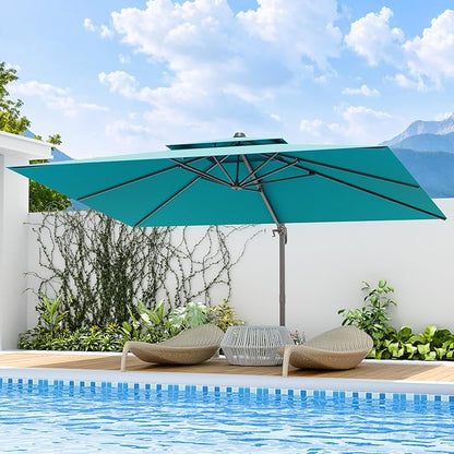 9x12 FT Patio Umbrella with base, Large Cantilever Rectangular Double Top Heavy Duty Offset Umbrellas with 360° Rotation, Outdoor shade for Garden Deck Pool, Turquoise