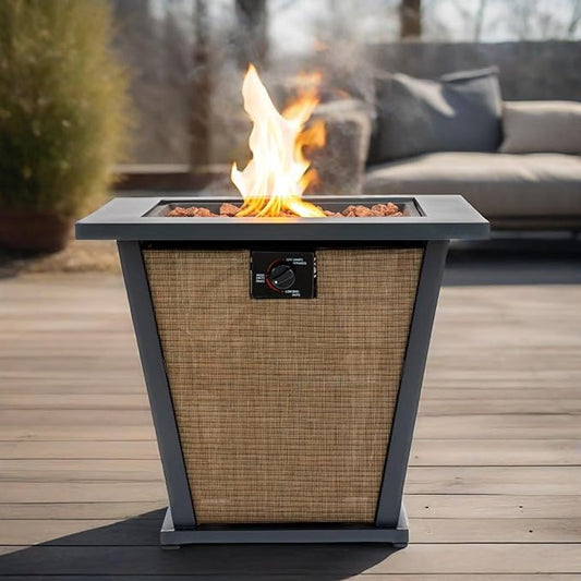 KEIKI 28 Inch Outdoor Propane Fire Pit Table, Square Gas Firepit with Textilene Side Panels, 50000 BTU Heating for Garden Deck with Cover