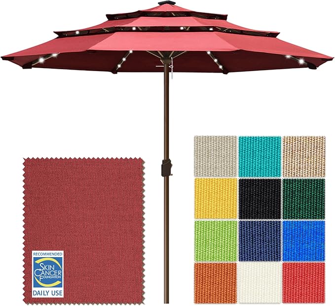 EliteShade USA 10-Year-Non-Fading 10ft 3-Tier Market Patio Umbrella, Commercial Table Umbrella with 80 Solar LED Lights, Crank Open, Windproof & UPF 50+ UV Protection for Garden, Deck, Pool, Backyard, No Tilt, Burgundy