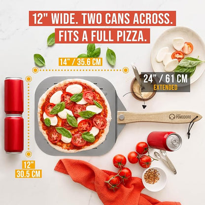 Chef Pomodoro Perforated Aluminum Pizza Peel 12x14 in Foldable Wood Handle | Metal Pizza Peel with Holes for Easy Release, Folds Flat for Storage, Great for Homemade Pizza & Artisan Bread