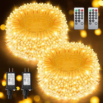 Warm White Christmas Lights Outdoor Total 710FT 1800 LED , 2 Packs 900 LED Outdoor String Waterproof, Timer & Memory, 8 Modes Dimmable Plug in Fairy for Outside Tree Holiday Party Wedding Decor
