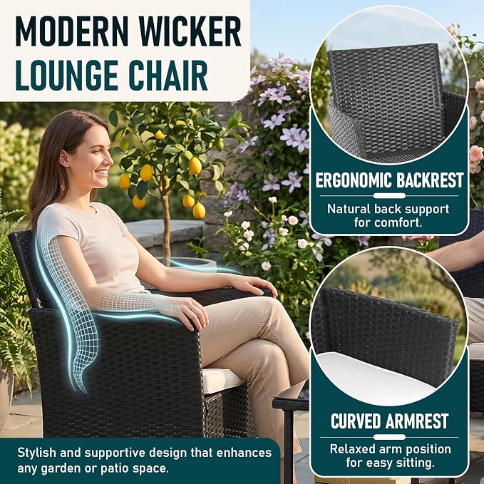FDW Wicker Outdoor Furniture Patio Furniture Set of 3 Rattan Patio Chairs Outdoor Chairs Patio Conversation Set with Coffee Table for Yard Backyard Lawn Porch Poolside Balcony,Black