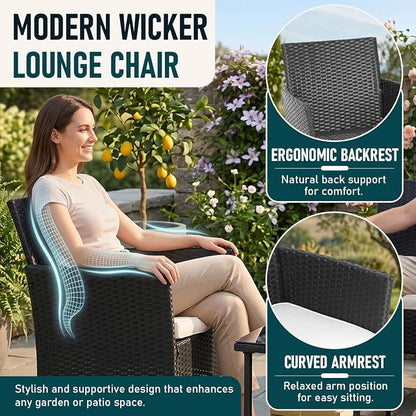 FDW Wicker Outdoor Furniture Patio Furniture Set of 3 Rattan Patio Chairs Outdoor Chairs Patio Conversation Set with Coffee Table for Yard Backyard Lawn Porch Poolside Balcony,Black
