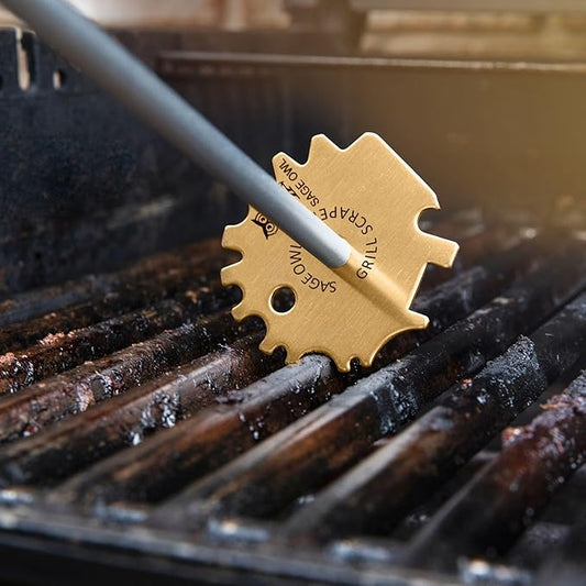 Sage Owl Bristle-Free Brass BBQ Grill Scraper with 17.5” Handle – Safe Universal Grill Cleaner for Outdoor Grills, Porcelain, Grilling Tools, and Kitchen Gadgets - Unique Gifts for Husband Birthday