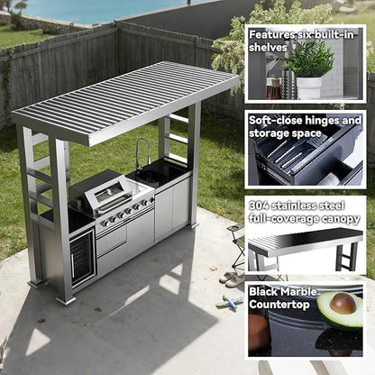 110in Four-Burner Gas Grill with 72,000 BTU Stainless Steel Outdoor Kitchen Bar Grill Island, Refrigerator, Grill, Granite Countertop, Storage Cabinets and Drawers (Silver, 110"(Propane Gas))
