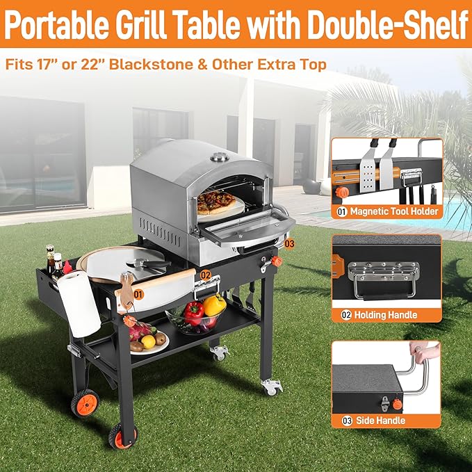 Portable Blackstone Griddle Stand, Folding Grill Table with Wheels for 17/22 Inch Blackstone Griddles, Ninja Grills, Pizza Oven, 31''x17''Grill Cart with Magnetic Tool Holder for tailgating, camping