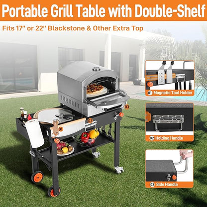 Portable Blackstone Griddle Stand, Folding Grill Table with Wheels for 17/22 Inch Blackstone Griddles, Ninja Grills, Pizza Oven, 31''x17''Grill Cart with Magnetic Tool Holder for tailgating, camping