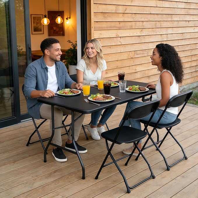 Folding Table 5FT Heavy Duty Plastic Table with Handle, Foldable&Portable, Fold-in-Half Utility Tables for Outdoor, Dining, Wedding, Events, Indoor, Picnic, Camping, Party, Coffee Black