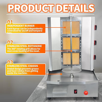 3 Burners Shawarma Machine Commercial Vertical Rotisserie Grill Turkish Doner Kebab Machine for Kitchen Restaurant