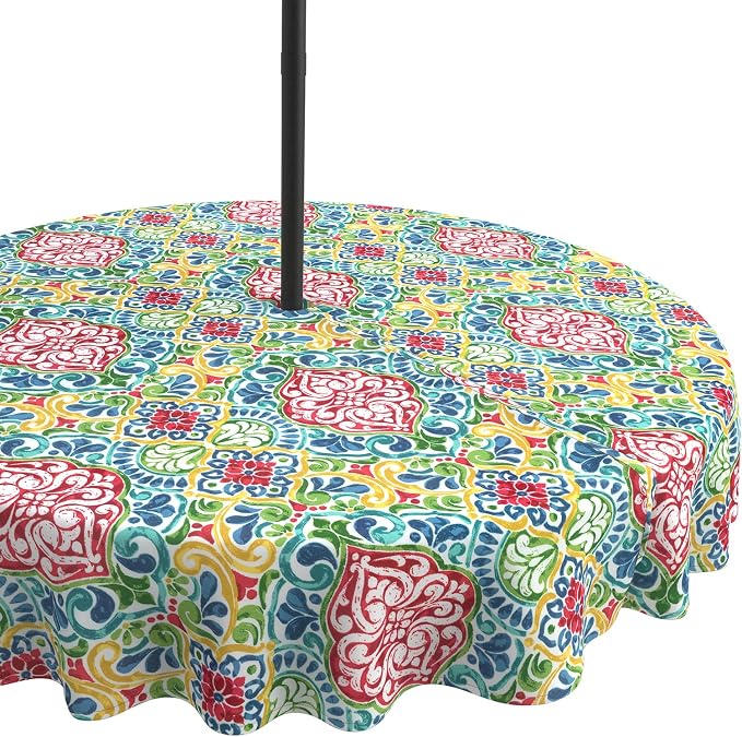 LVTXIII Round Outdoor Tablecloth with Umbrella Hole and Zipper, Water-Repellent 60 Inch Patio Table Cover for Bistro, Garden, Patio & Picnic, Damask Red