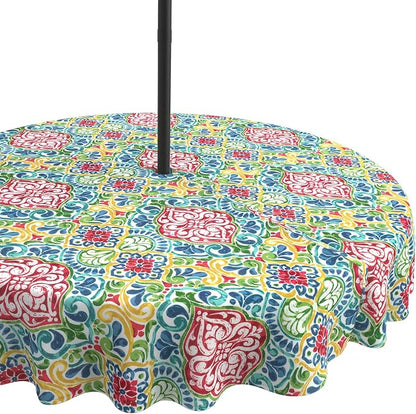 LVTXIII Round Outdoor Tablecloth with Umbrella Hole and Zipper, Water-Repellent 60 Inch Patio Table Cover for Bistro, Garden, Patio & Picnic, Damask Red