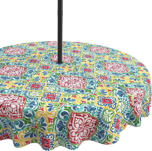 LVTXIII Round Outdoor Tablecloth with Umbrella Hole and Zipper, Water-Repellent 60 Inch Patio Table Cover for Bistro, Garden, Patio & Picnic, Damask Red