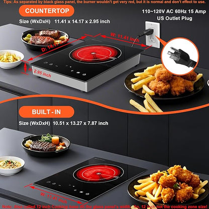 Dual Coils Design of Single Burner Electric Cooktop, 1800W Infrared Ceramic Hot Plate for Cooking, Portable Countertop or Built-in Radiant Stove Top Cooker, Compatible with All Cookware