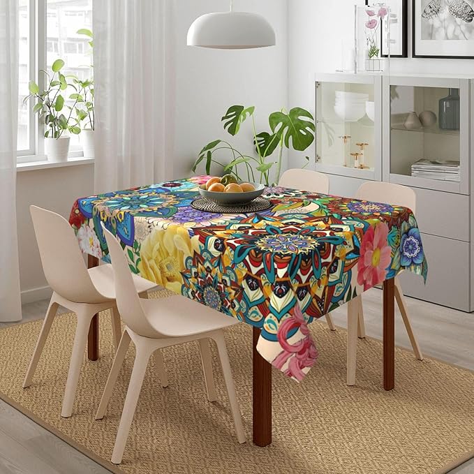 Rectangle 54"x72" Boho Floral Table Cloth, Colorful Flowers Tablecloth Oil-Proof Waterproof Kitchen Dining Room Decorative Table Cover for Party Birthday Outdoor Indoor