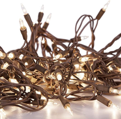 612 Vermont 50 Clear Incandescent Christmas String Lights Brown Wire Cord | UL Approved Indoor Outdoor Use, 10' Lighted Length, 11' Total Length, Mini Lights, Connect Up To 10 Sets End To End