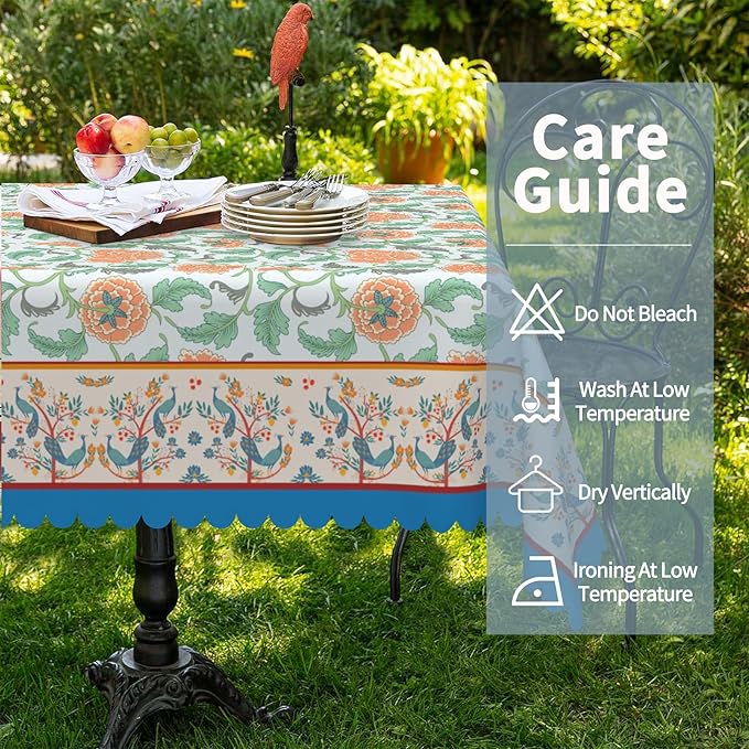 Boho Floral Rectangular Tablecloth 55"x70" - Blue Vintage Flower Waterproof Table Cloth for Dining, Kitchen, Outdoor BBQ and Picnic Party Decor