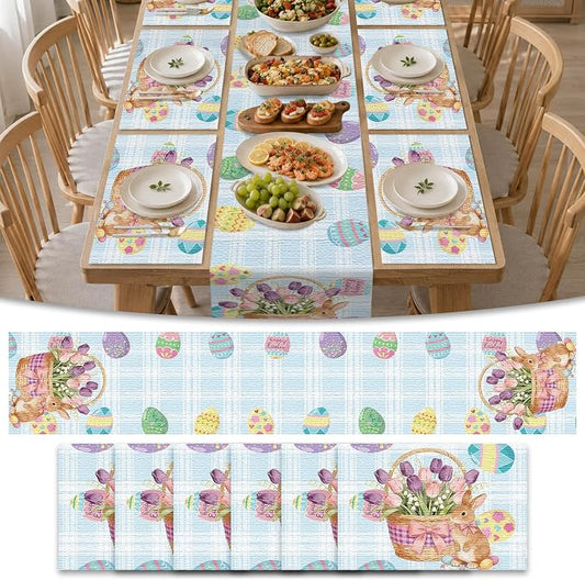 Nuxovilar Tablerunner and Placemats Set of 7 Easter-Themed with Bunny & Egg Patterns Linen Square Placemats for Dining Dining Sets and Accessories Kitchen, Table, Easter Gatherings