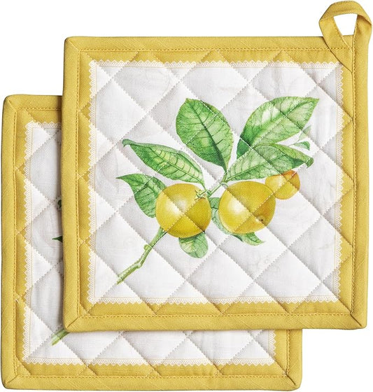 Maison d' Hermine Pot Holders 100% Cotton Heat Resistant Potholders 8" x 8" Hot Pads with Loop BBQ Cooking Baking Hotel Farmhouse Kitchen Handling Hot Pans Spring Summer (Pack of 2, Limoncello)